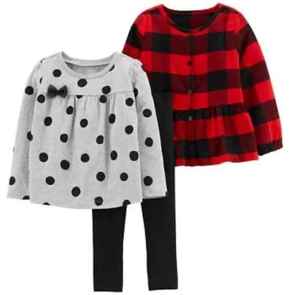 #19 Carters Girls Red Black Checkered Gray and Black Polka Dots Set W/ Leggings - Picture 1 of 12